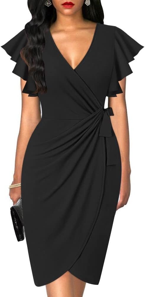 Womens Deep V Neck Ruffle Sleeve Sheath Casual Cocktail Party Work Faux Wrap Dress