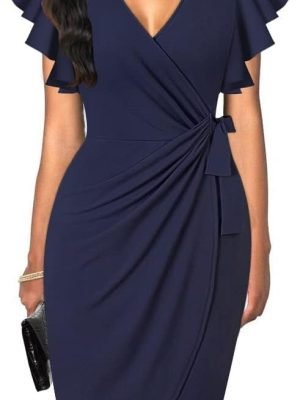 Womens Deep V Neck Ruffle Sleeve Sheath Casual Cocktail Party Work Faux Wrap Dress