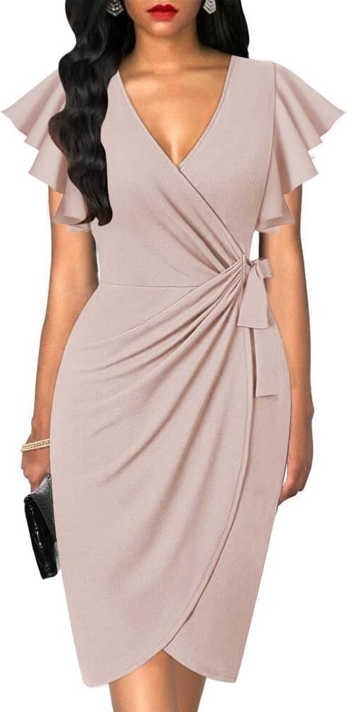 Womens Deep V Neck Ruffle Sleeve Sheath Casual Cocktail Party Work Faux Wrap Dress