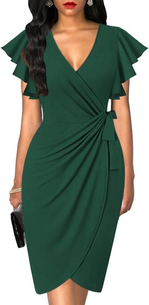 Womens Deep V Neck Ruffle Sleeve Sheath Casual Cocktail Party Work Faux Wrap Dress