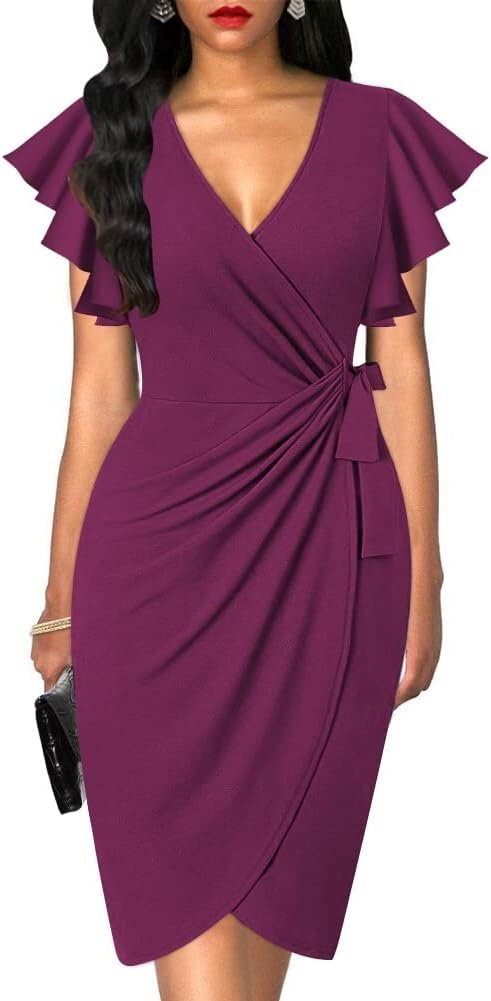 Womens Deep V Neck Ruffle Sleeve Sheath Casual Cocktail Party Work Faux Wrap Dress