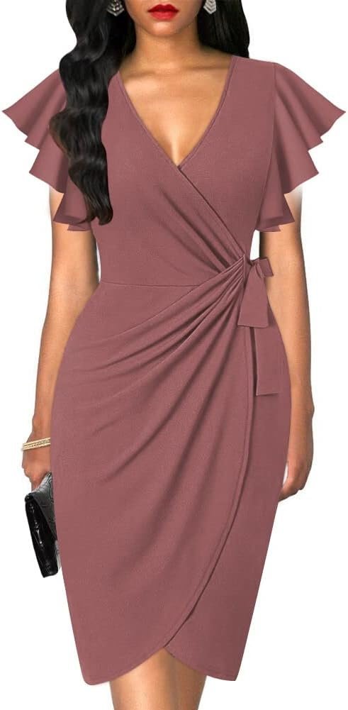Womens Deep V Neck Ruffle Sleeve Sheath Casual Cocktail Party Work Faux Wrap Dress