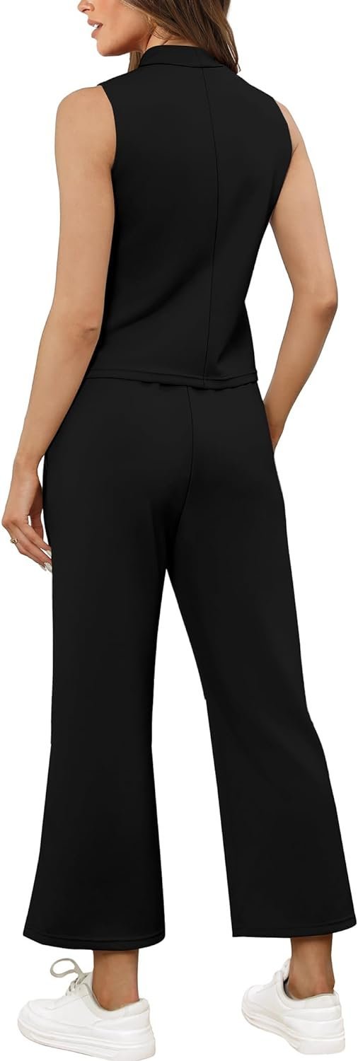 Two Piece Sets for Women Summer Outfits Lounge Sets Mock Neck Tops Wide Leg Crop Pants Vacation Travel Outfits