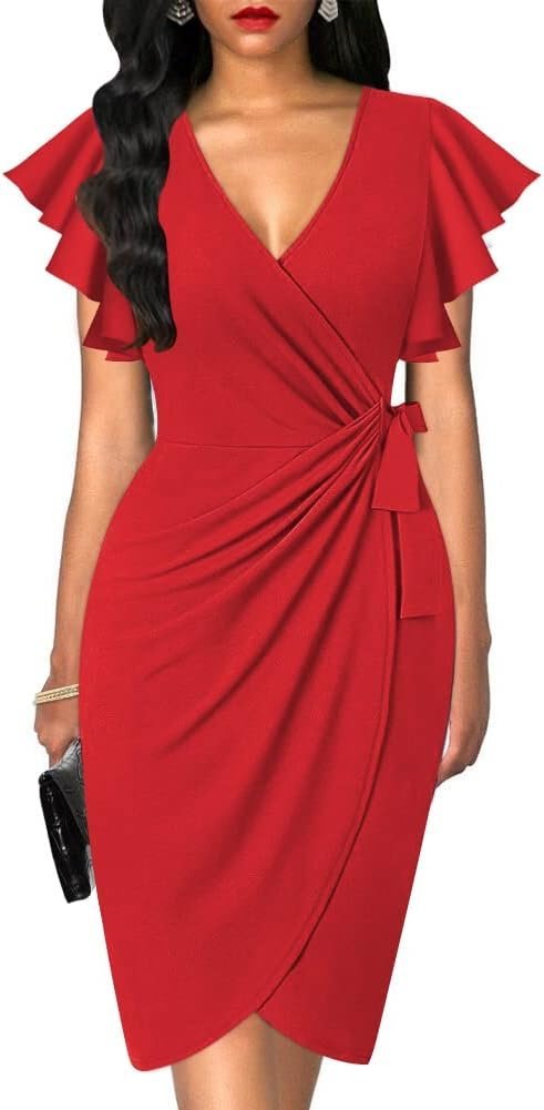 Womens Deep V Neck Ruffle Sleeve Sheath Casual Cocktail Party Work Faux Wrap Dress