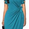 Womens Deep V Neck Ruffle Sleeve Sheath Casual Cocktail Party Work Faux Wrap Dress