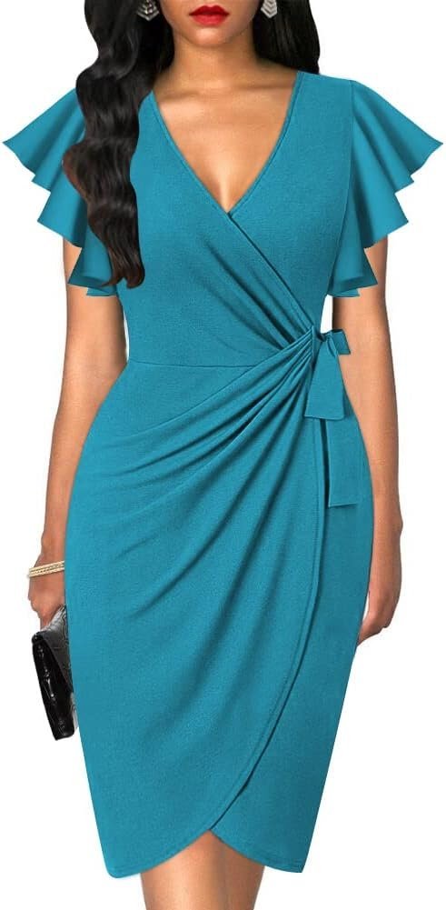 Womens Deep V Neck Ruffle Sleeve Sheath Casual Cocktail Party Work Faux Wrap Dress