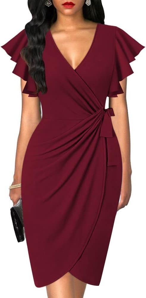 Womens Deep V Neck Ruffle Sleeve Sheath Casual Cocktail Party Work Faux Wrap Dress