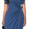 Womens Deep V Neck Ruffle Sleeve Sheath Casual Cocktail Party Work Faux Wrap Dress