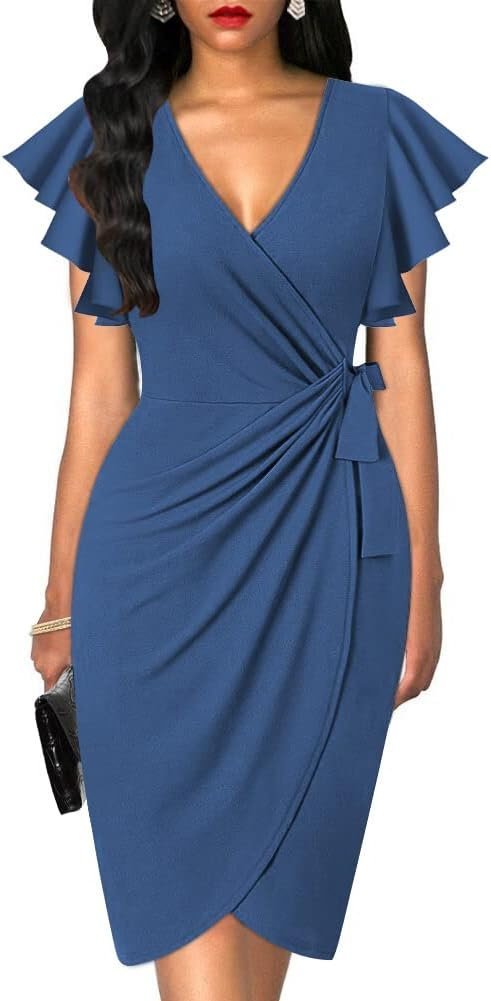 Womens Deep V Neck Ruffle Sleeve Sheath Casual Cocktail Party Work Faux Wrap Dress