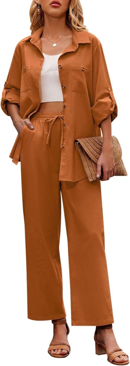 Women 2 Piece Linen Sets 2023 Button Down Shirt and Drawstring Long Pants Set Summer Outfits
