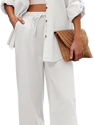 Women 2 Piece Linen Sets 2023 Button Down Shirt and Drawstring Long Pants Set Summer Outfits