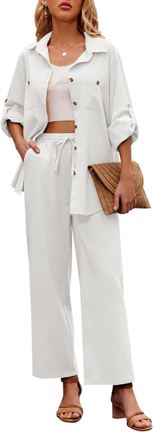 Women 2 Piece Linen Sets 2023 Button Down Shirt and Drawstring Long Pants Set Summer Outfits