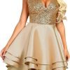 Women's Sequin Glitter V Neck Skater Mini Club Cocktail Party Swing Dress