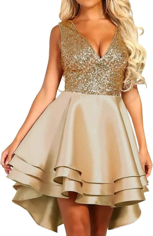 Women's Sequin Glitter V Neck Skater Mini Club Cocktail Party Swing Dress