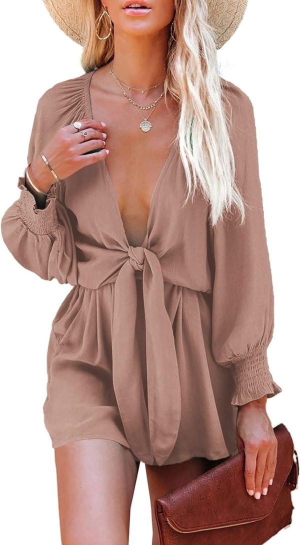 Rompers for Women Dressy Spring Summer Tie Knot Front Sexy V Neck Jumpsuits