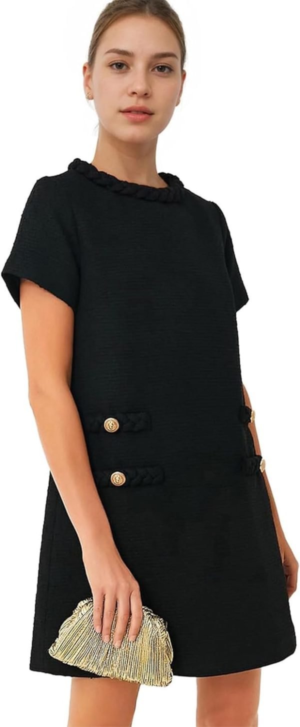 Women's Tweed Dress Short Sleeve Crew Neck A-line Party Vintage Mini Skirt Causal Dresses