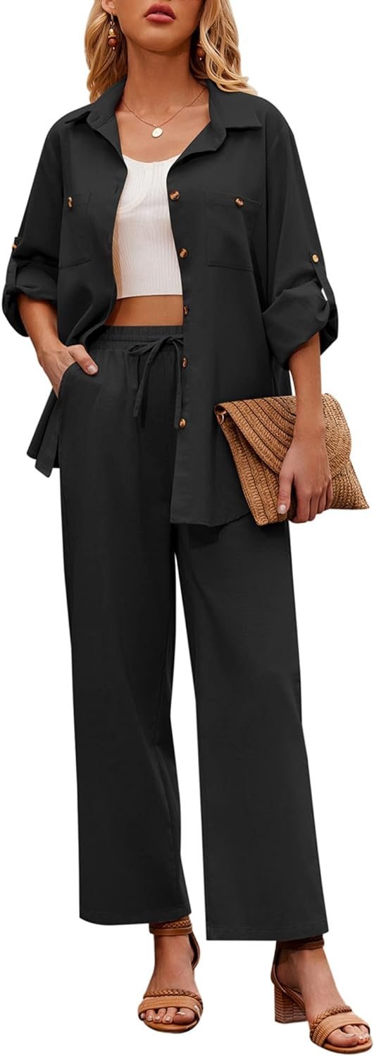 Women 2 Piece Linen Sets 2023 Button Down Shirt and Drawstring Long Pants Set Summer Outfits