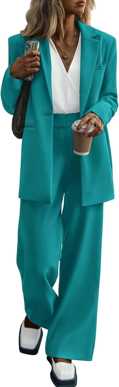 Women's 2024 Fall 2 Piece Blazer Set Casual Loose Long Blazer Jackets and Dressy Wide Leg Pant Suits with Pockets