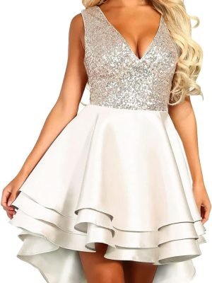 Women's Sequin Glitter V Neck Skater Mini Club Cocktail Party Swing Dress