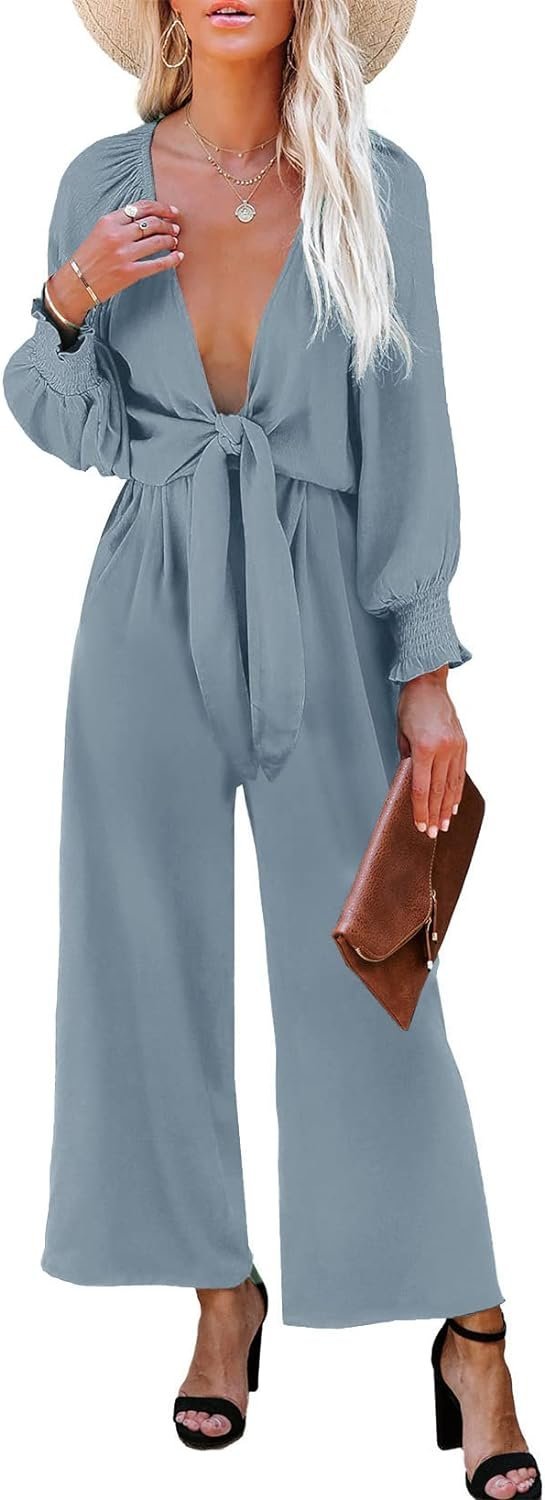 Rompers for Women Dressy Spring Summer Tie Knot Front Sexy V Neck Jumpsuits