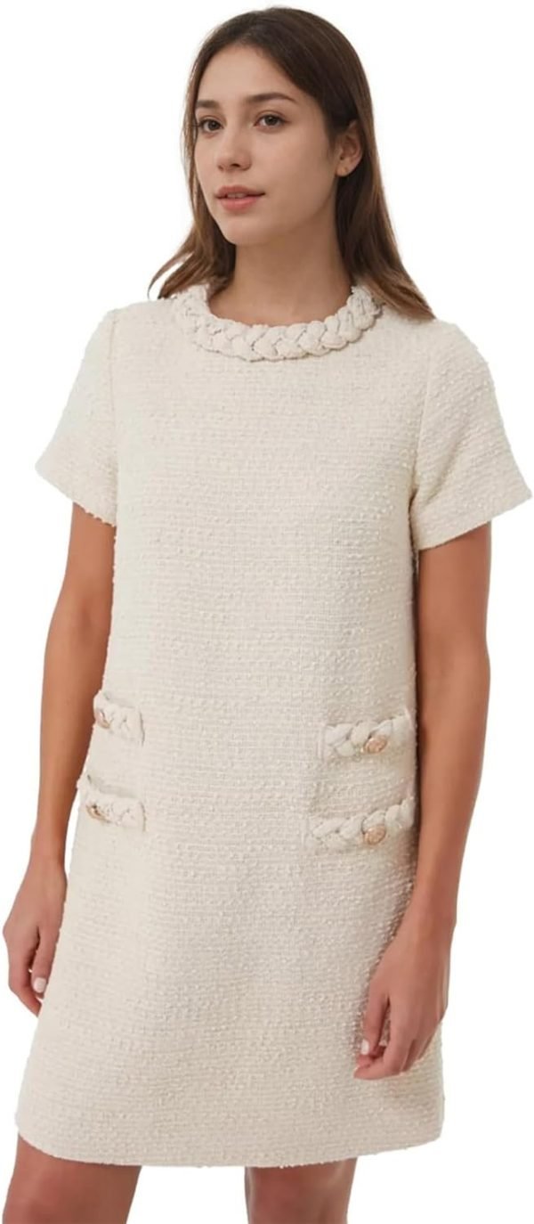Women's Tweed Dress Short Sleeve Crew Neck A-line Party Vintage Mini Skirt Causal Dresses
