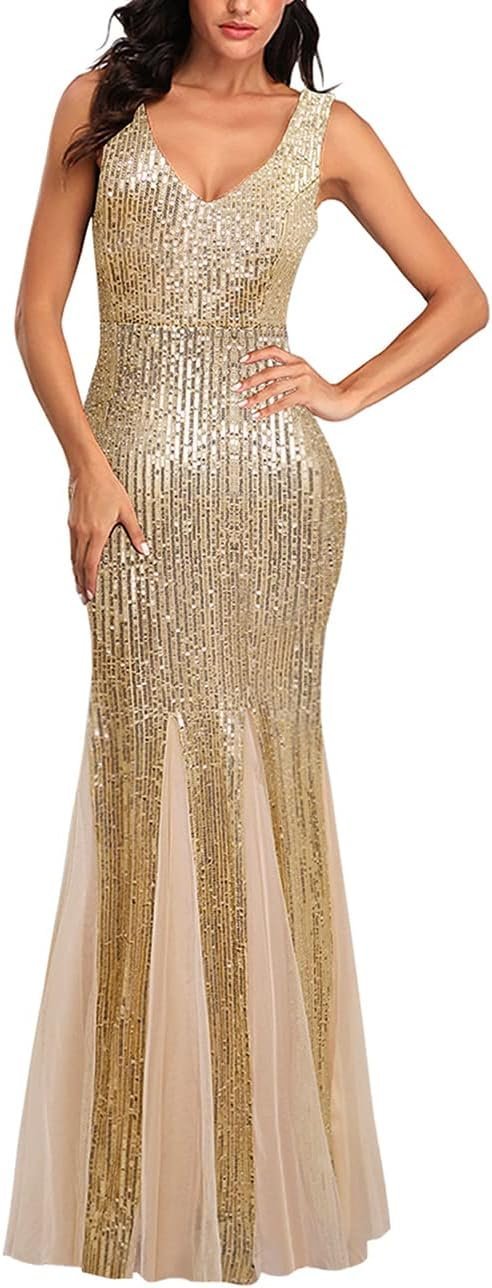 Women Sequin Dress Tulle Party Dress for Women Sexy V-Neck Dress Formal Long Dresses Evening Prom Gowns