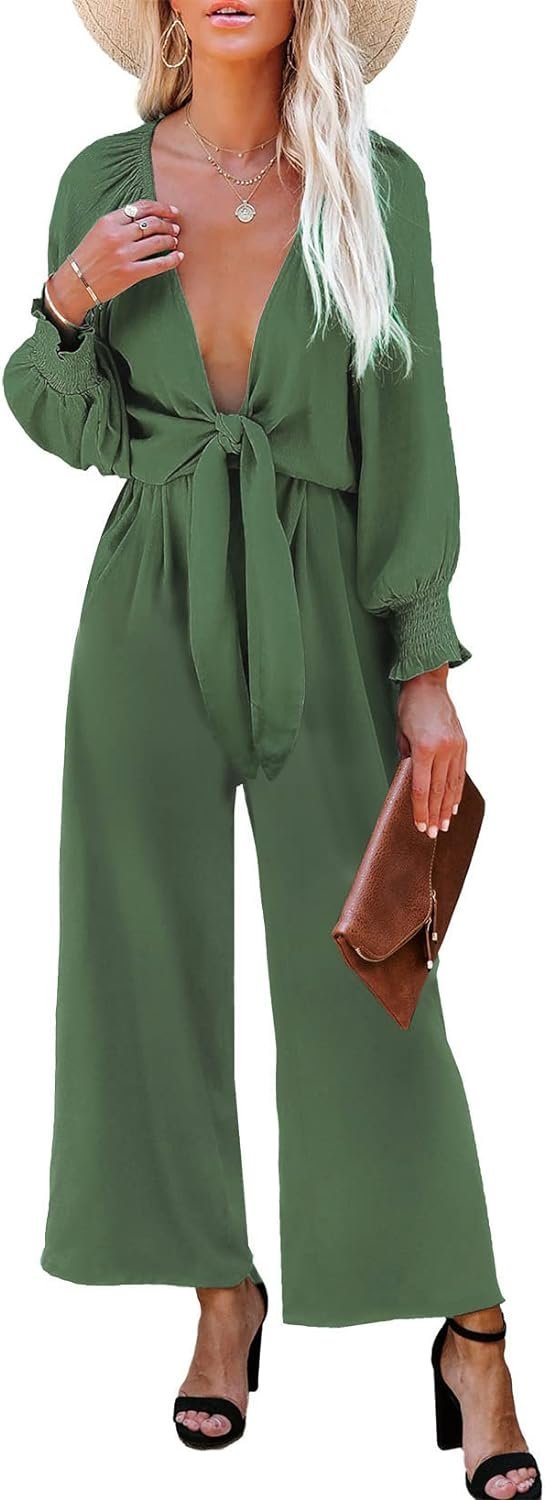 Rompers for Women Dressy Spring Summer Tie Knot Front Sexy V Neck Jumpsuits