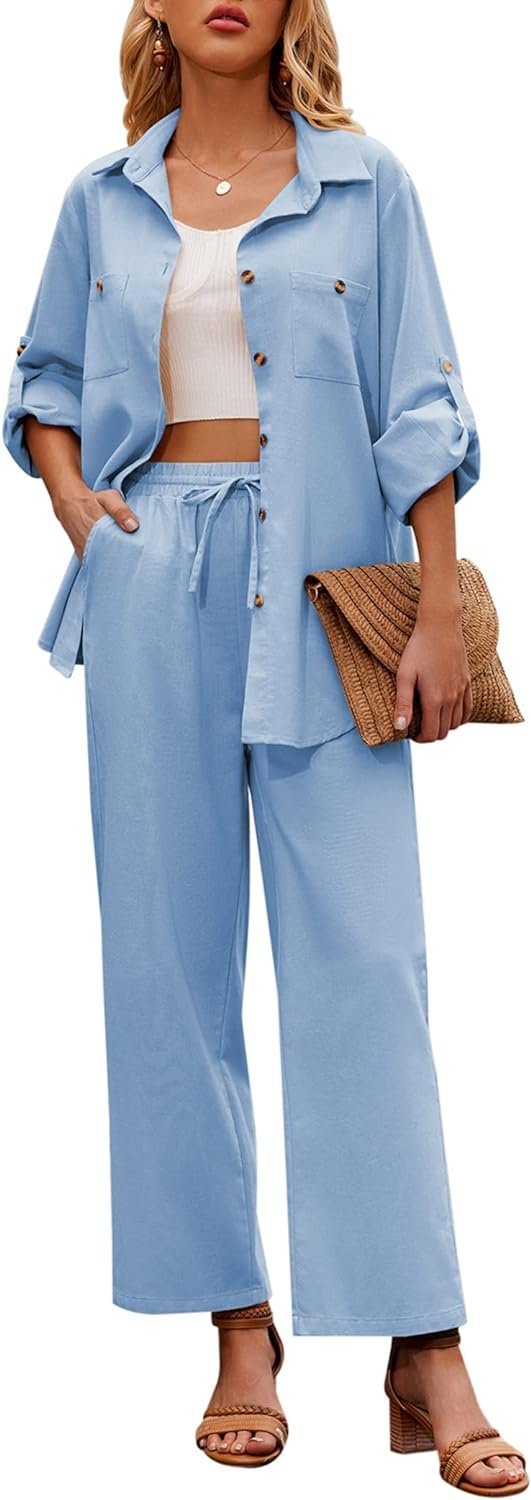 Women 2 Piece Linen Sets 2023 Button Down Shirt and Drawstring Long Pants Set Summer Outfits