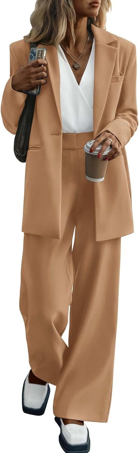 Women's 2024 Fall 2 Piece Blazer Set Casual Loose Long Blazer Jackets and Dressy Wide Leg Pant Suits with Pockets