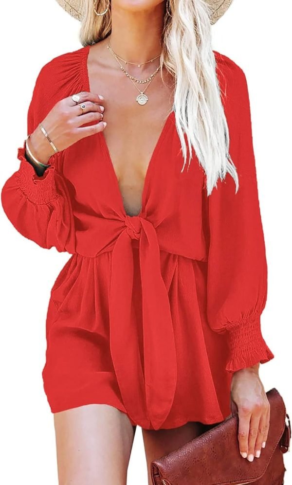 Rompers for Women Dressy Spring Summer Tie Knot Front Sexy V Neck Jumpsuits