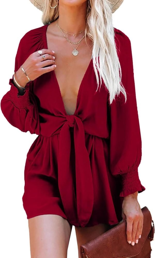 Rompers for Women Dressy Spring Summer Tie Knot Front Sexy V Neck Jumpsuits