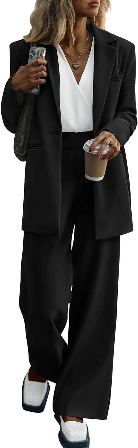 Women's 2024 Fall 2 Piece Blazer Set Casual Loose Long Blazer Jackets and Dressy Wide Leg Pant Suits with Pockets
