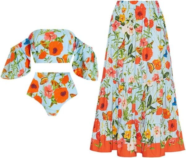 Women Floral Print Swimsuit Ruffles Bikini Set with Skirt Swimwear 3 Piece Bathing Suits Summer Holiday Outfits