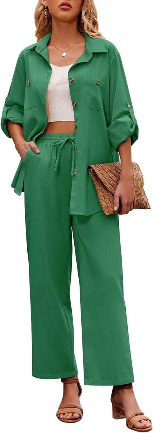 Women 2 Piece Linen Sets 2023 Button Down Shirt and Drawstring Long Pants Set Summer Outfits
