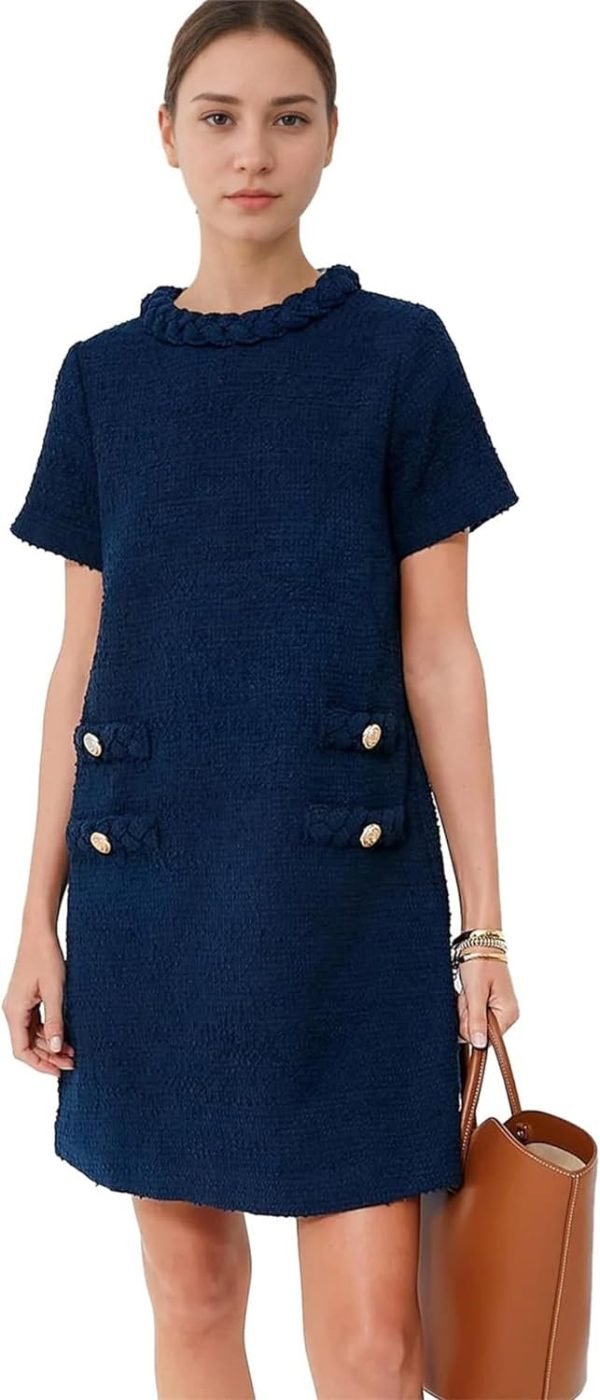 Women's Tweed Dress Short Sleeve Crew Neck A-line Party Vintage Mini Skirt Causal Dresses