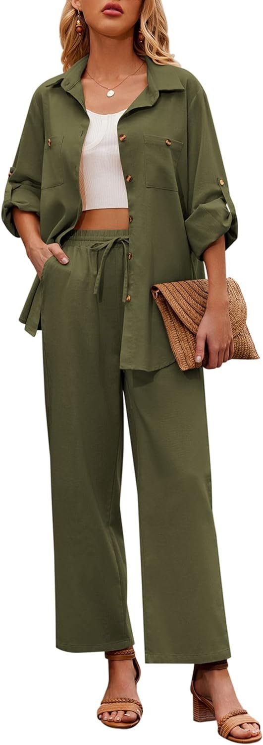 Women 2 Piece Linen Sets 2023 Button Down Shirt and Drawstring Long Pants Set Summer Outfits