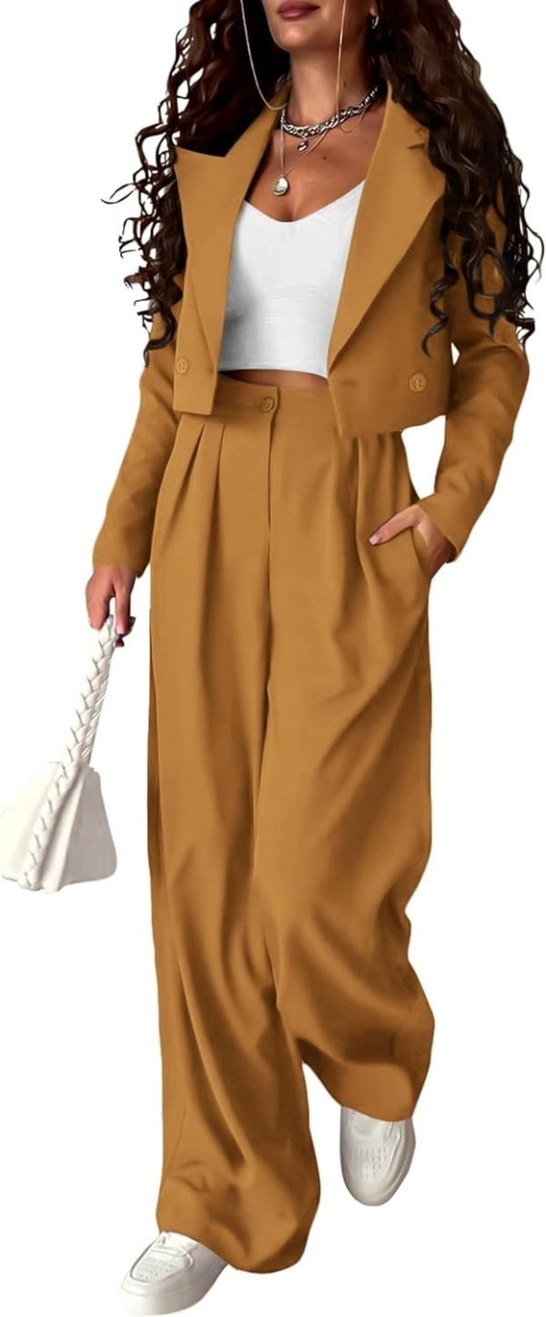 Womens Cropped Blazer Jackets High Waisted Wide Leg Work Pants Suit Set