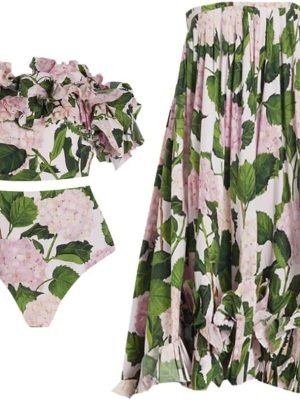 Women Floral Print Swimsuit Ruffles Bikini Set with Skirt Swimwear 3 Piece Bathing Suits Summer Holiday Outfits