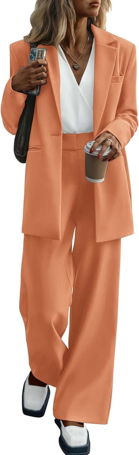 Women's 2024 Fall 2 Piece Blazer Set Casual Loose Long Blazer Jackets and Dressy Wide Leg Pant Suits with Pockets