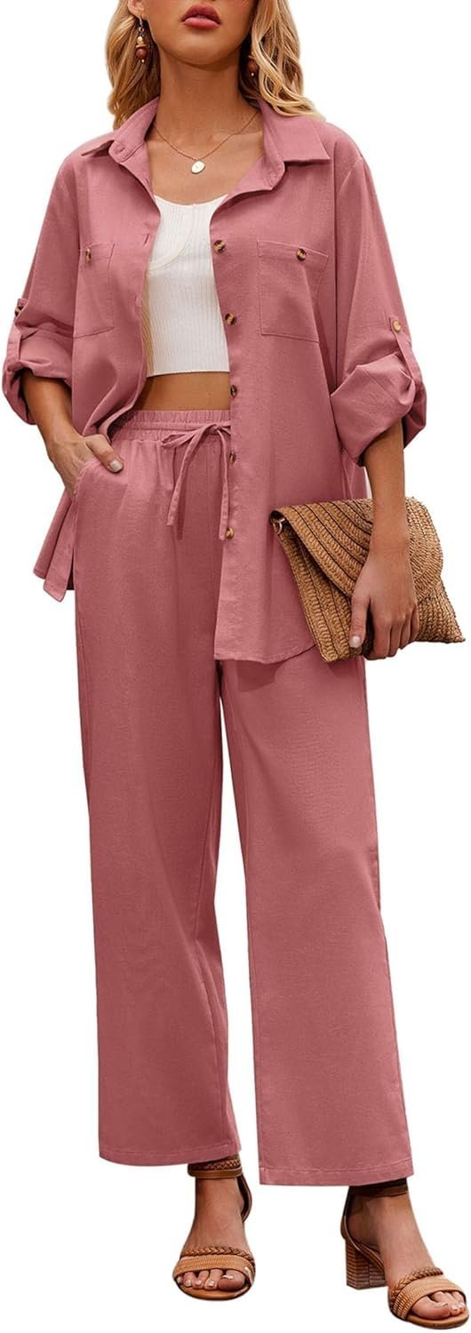 Women 2 Piece Linen Sets 2023 Button Down Shirt and Drawstring Long Pants Set Summer Outfits