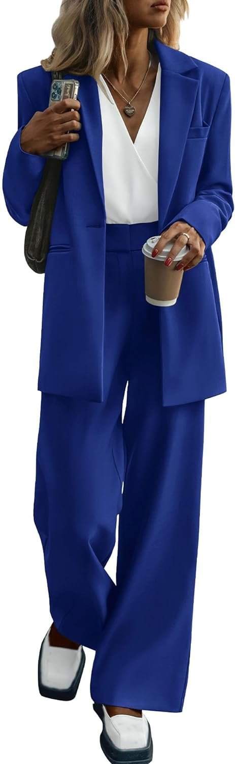 Women's 2024 Fall 2 Piece Blazer Set Casual Loose Long Blazer Jackets and Dressy Wide Leg Pant Suits with Pockets