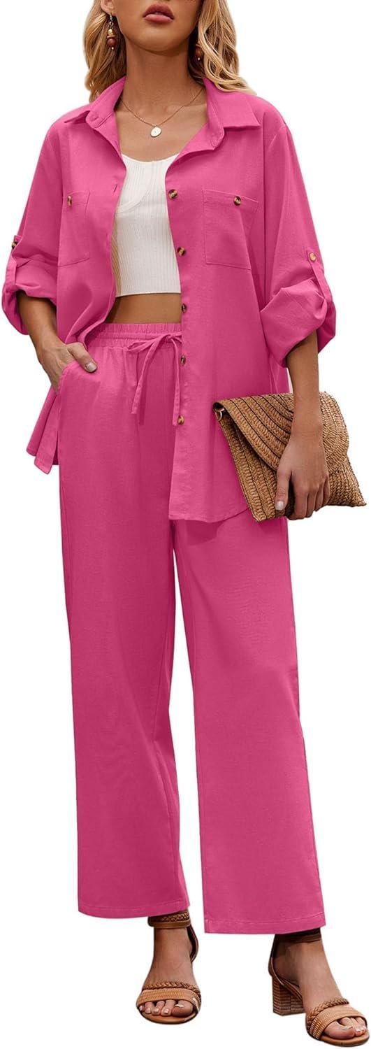 Women 2 Piece Linen Sets 2023 Button Down Shirt and Drawstring Long Pants Set Summer Outfits