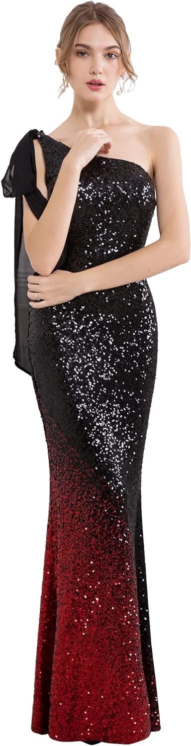 Women's Asymmetric Ribbon Gradient Sequin Mermaid Long Prom Dress