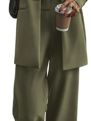 Women's 2024 Fall 2 Piece Blazer Set Casual Loose Long Blazer Jackets and Dressy Wide Leg Pant Suits with Pockets