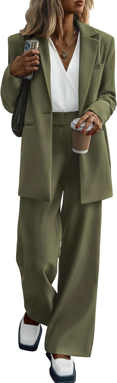 Women's 2024 Fall 2 Piece Blazer Set Casual Loose Long Blazer Jackets and Dressy Wide Leg Pant Suits with Pockets