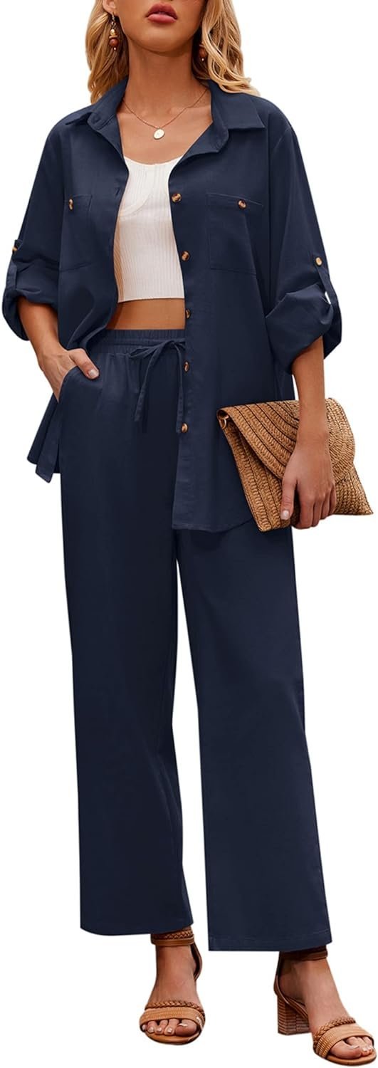 Women 2 Piece Linen Sets 2023 Button Down Shirt and Drawstring Long Pants Set Summer Outfits