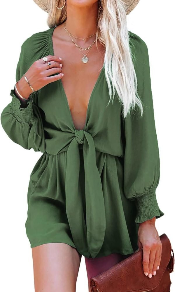 Rompers for Women Dressy Spring Summer Tie Knot Front Sexy V Neck Jumpsuits