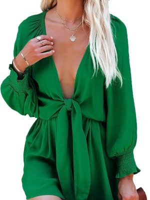 Rompers for Women Dressy Spring Summer Tie Knot Front Sexy V Neck Jumpsuits