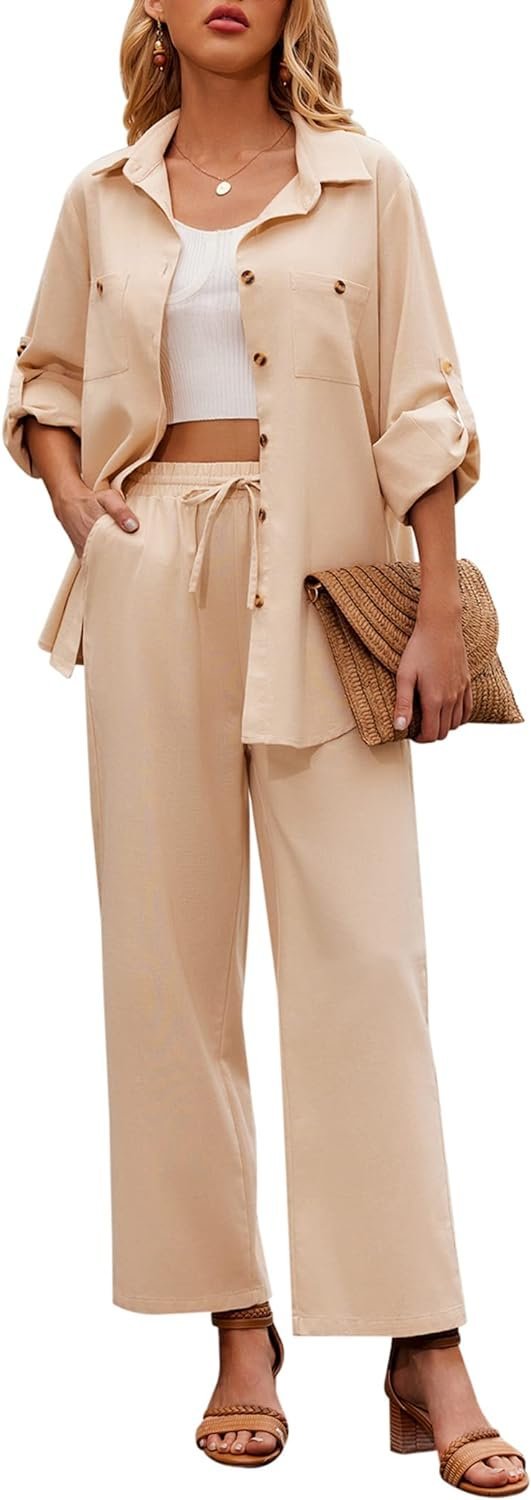 Women 2 Piece Linen Sets 2023 Button Down Shirt and Drawstring Long Pants Set Summer Outfits