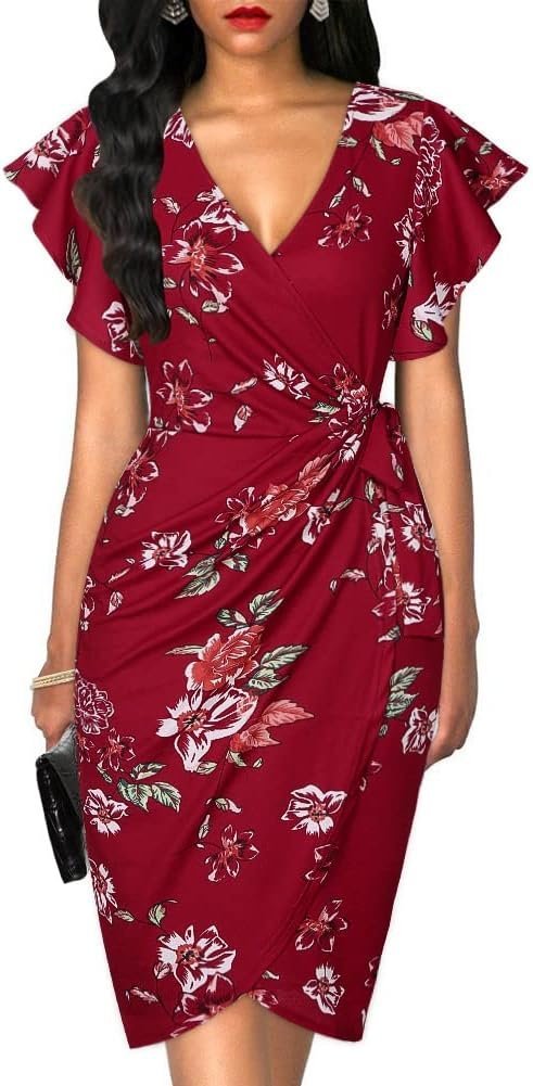 Womens Deep V Neck Ruffle Sleeve Sheath Casual Cocktail Party Work Faux Wrap Dress